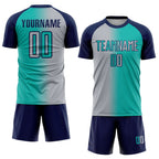 Custom Aqua Gray-Navy Sublimation Gradient Fashion Soccer Uniform Jersey