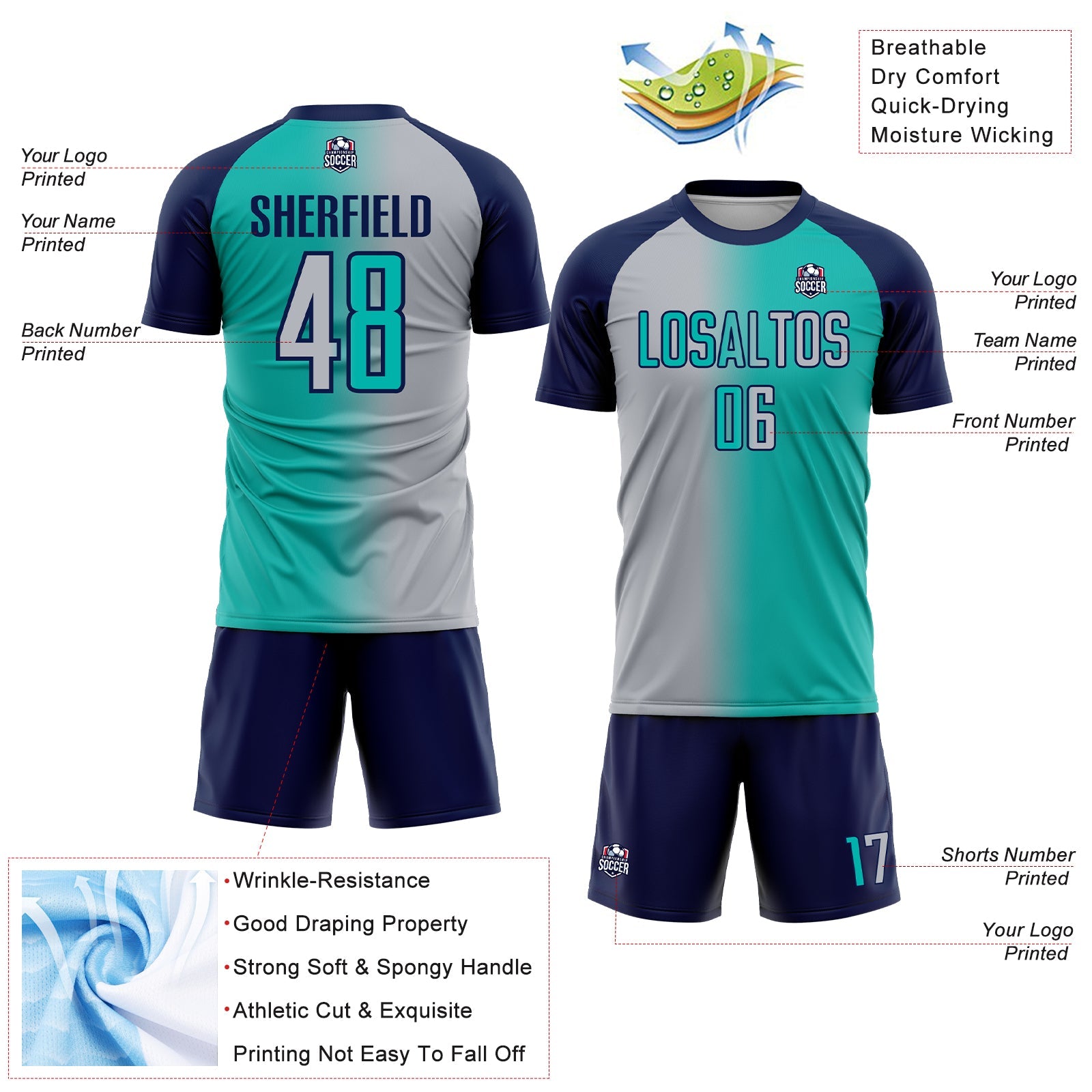 Custom Aqua Gray-Navy Sublimation Gradient Fashion Soccer Uniform Jersey