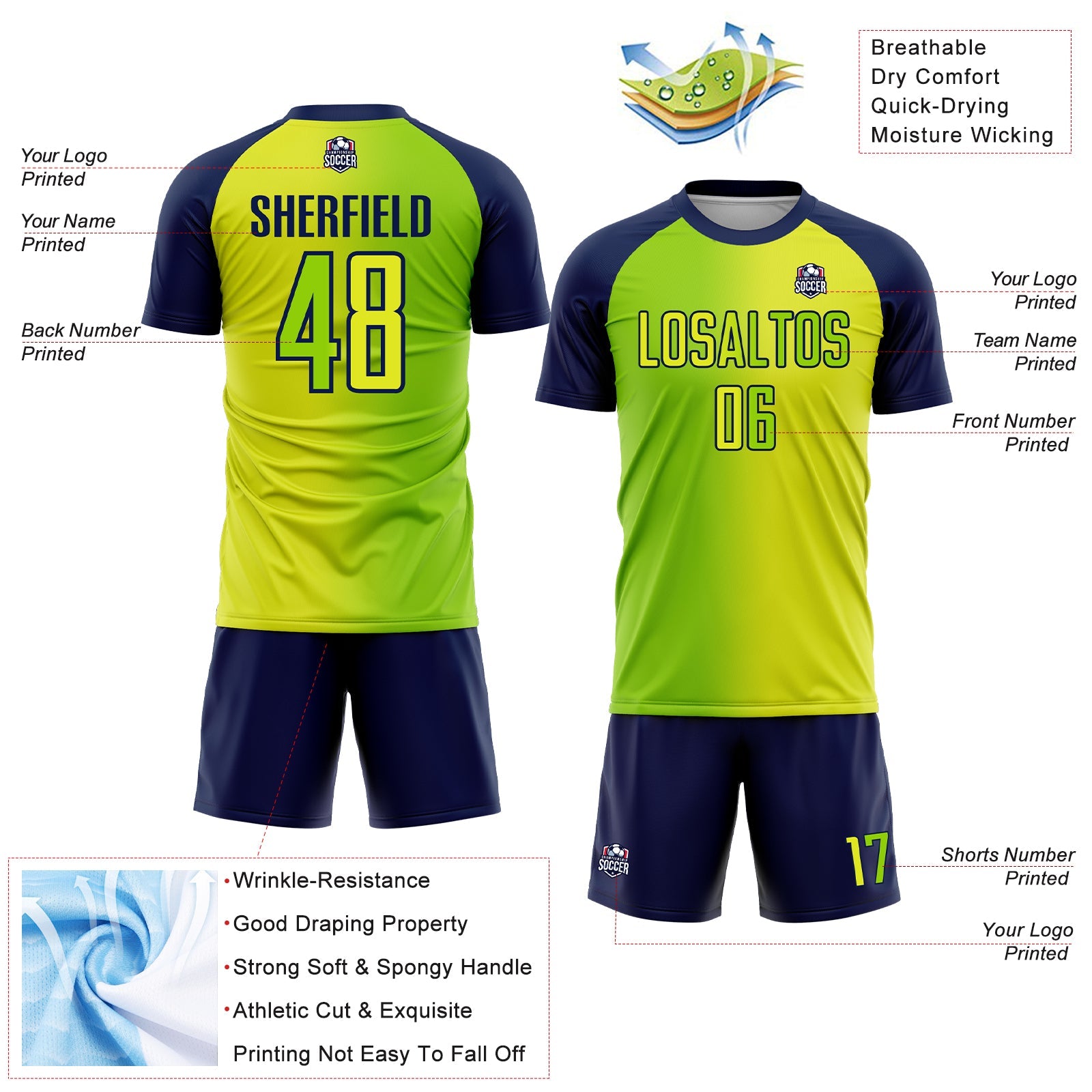 Custom Neon Yellow Neon Green-Navy Sublimation Gradient Fashion Soccer Uniform Jersey