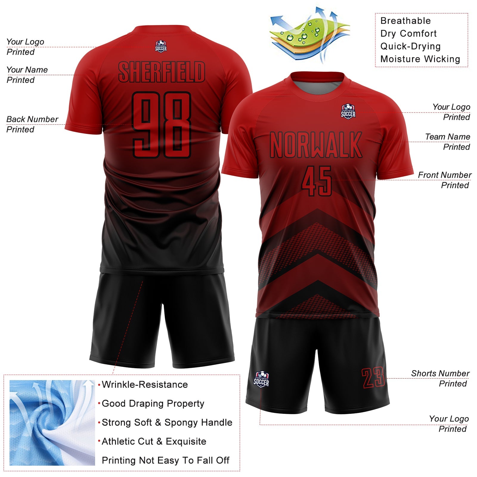 Custom Red Black Gradient Arrow Geometric Shapes Sublimation Soccer Uniform Jersey
