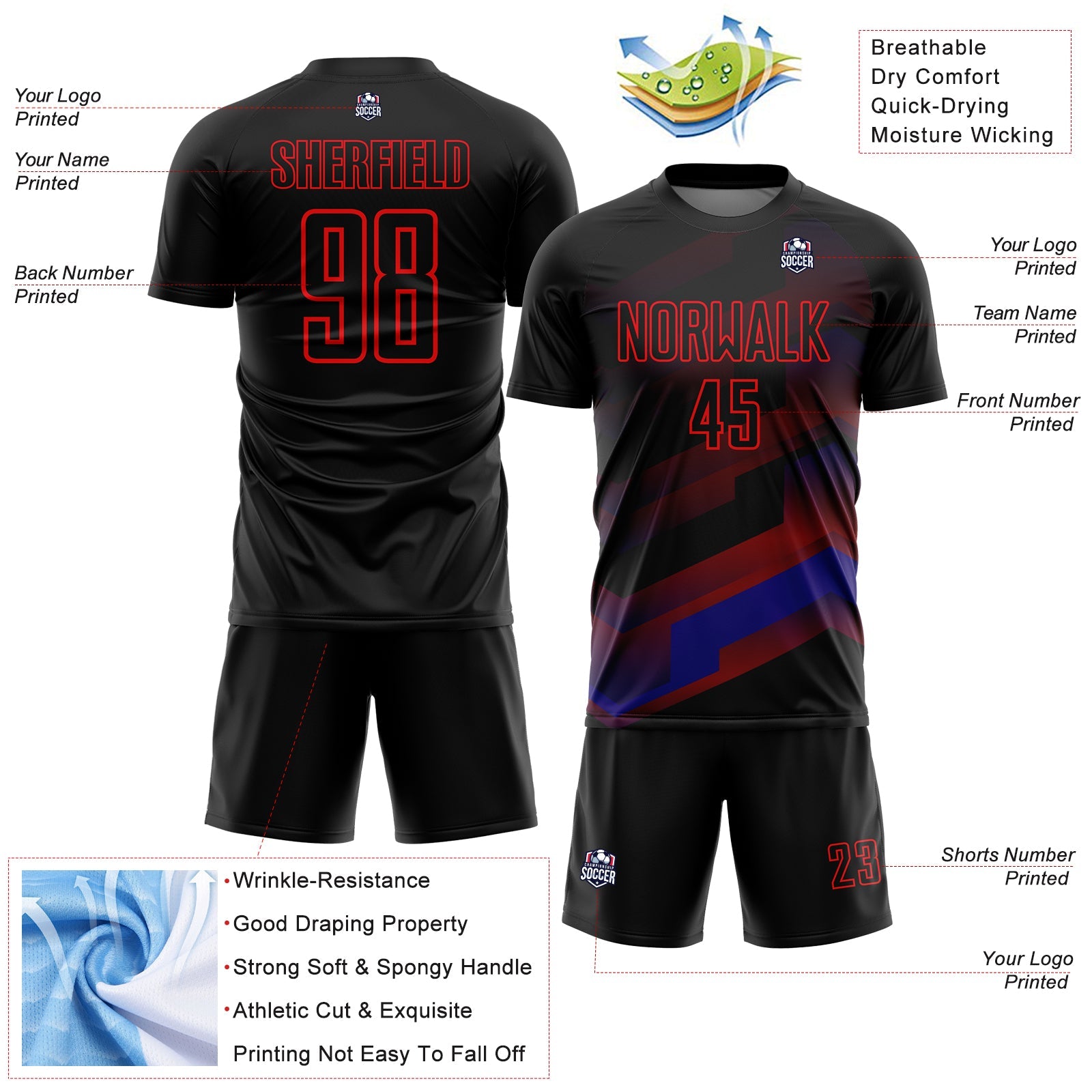 Custom Black Fire Red Gradient Arrow Geometric Shapes Sublimation Soccer Uniform Jersey