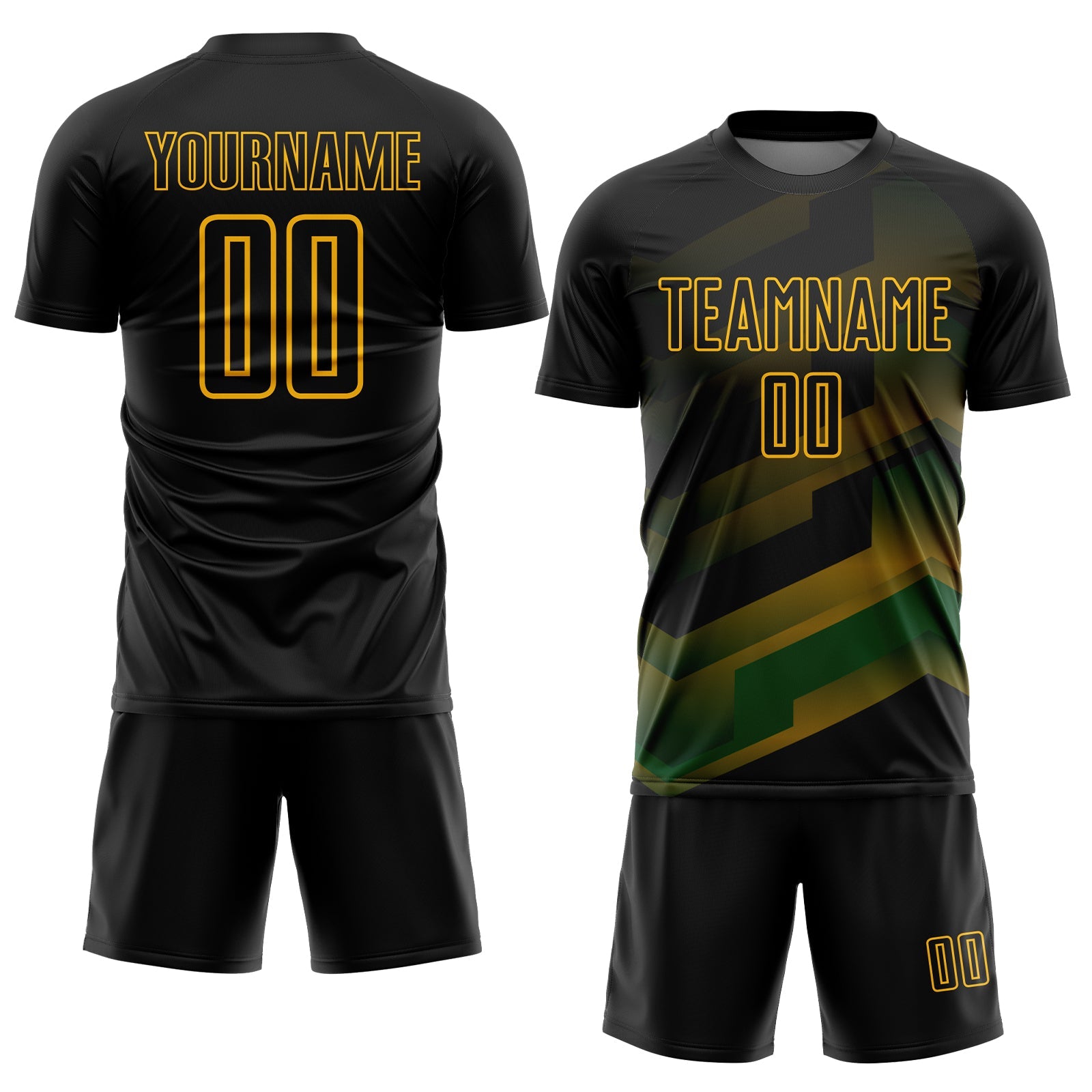 Custom Black Gold Gradient Arrow Geometric Shapes Sublimation Soccer Uniform Jersey