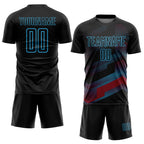 Custom Black Sky Blue Gradient Arrow Geometric Shapes Sublimation Soccer Uniform Jersey