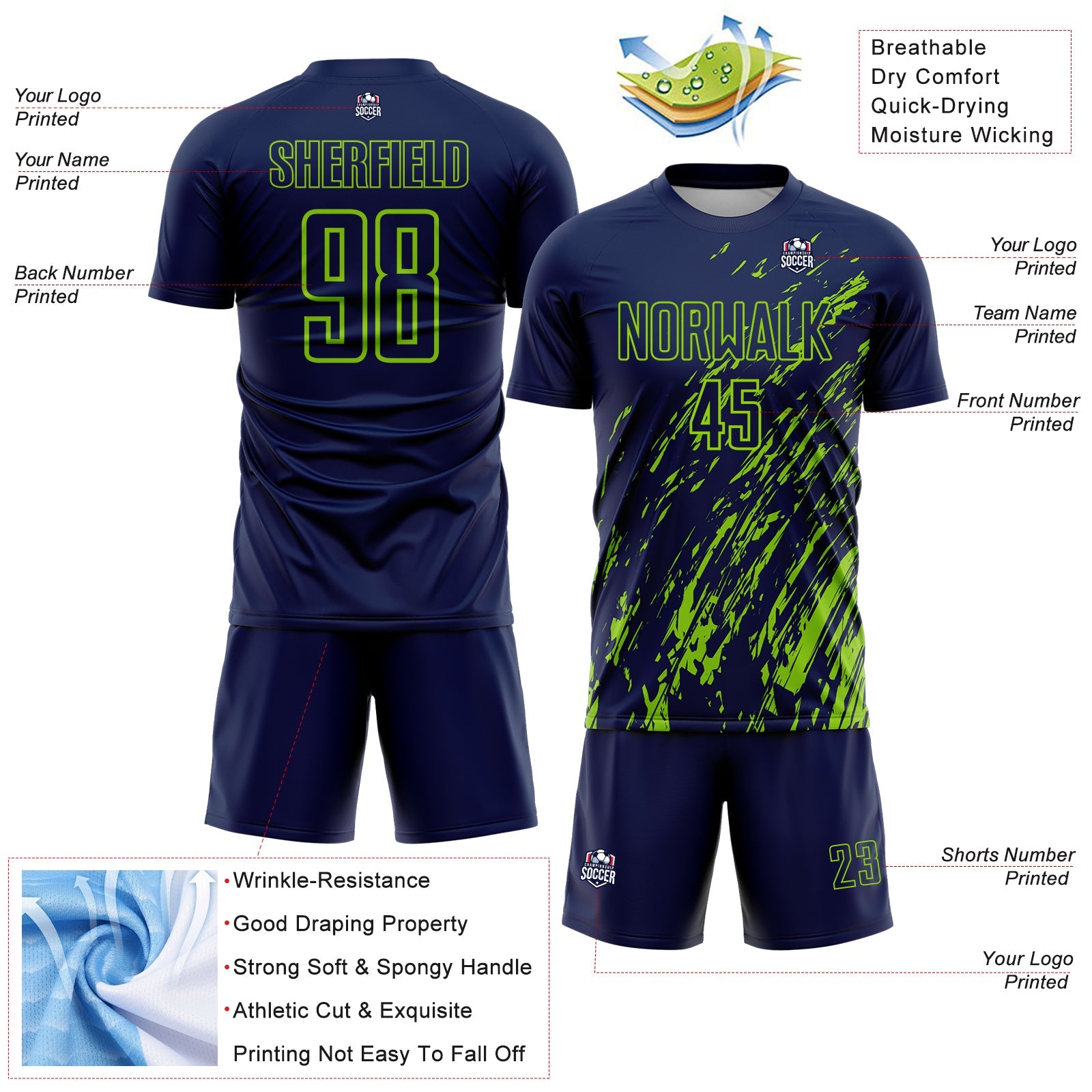 Custom Navy Neon Green Splash Sublimation Soccer Uniform Jersey