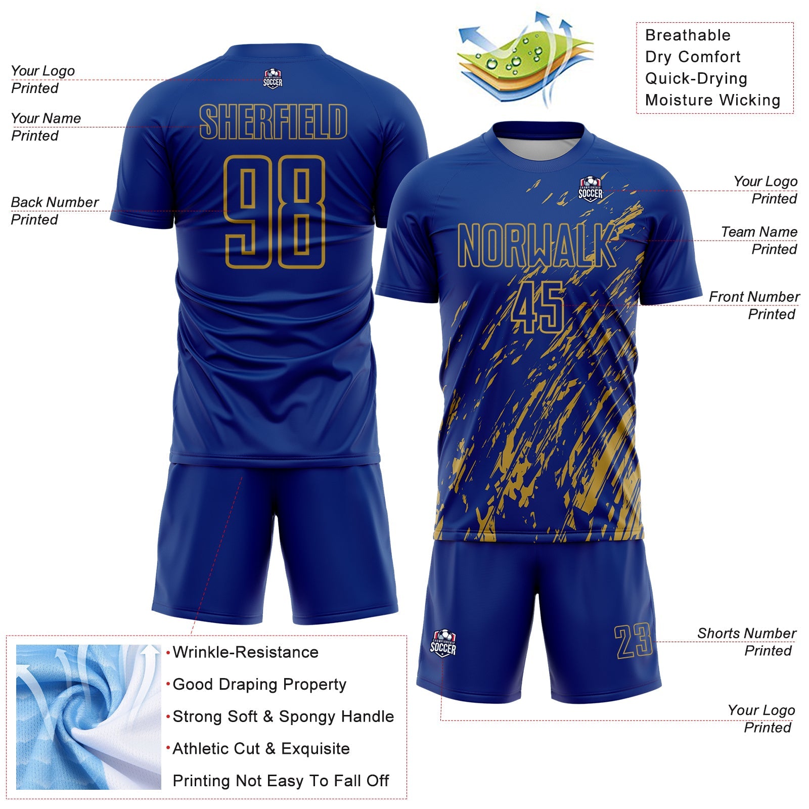 Custom Royal Old Gold Splash Sublimation Soccer Uniform Jersey
