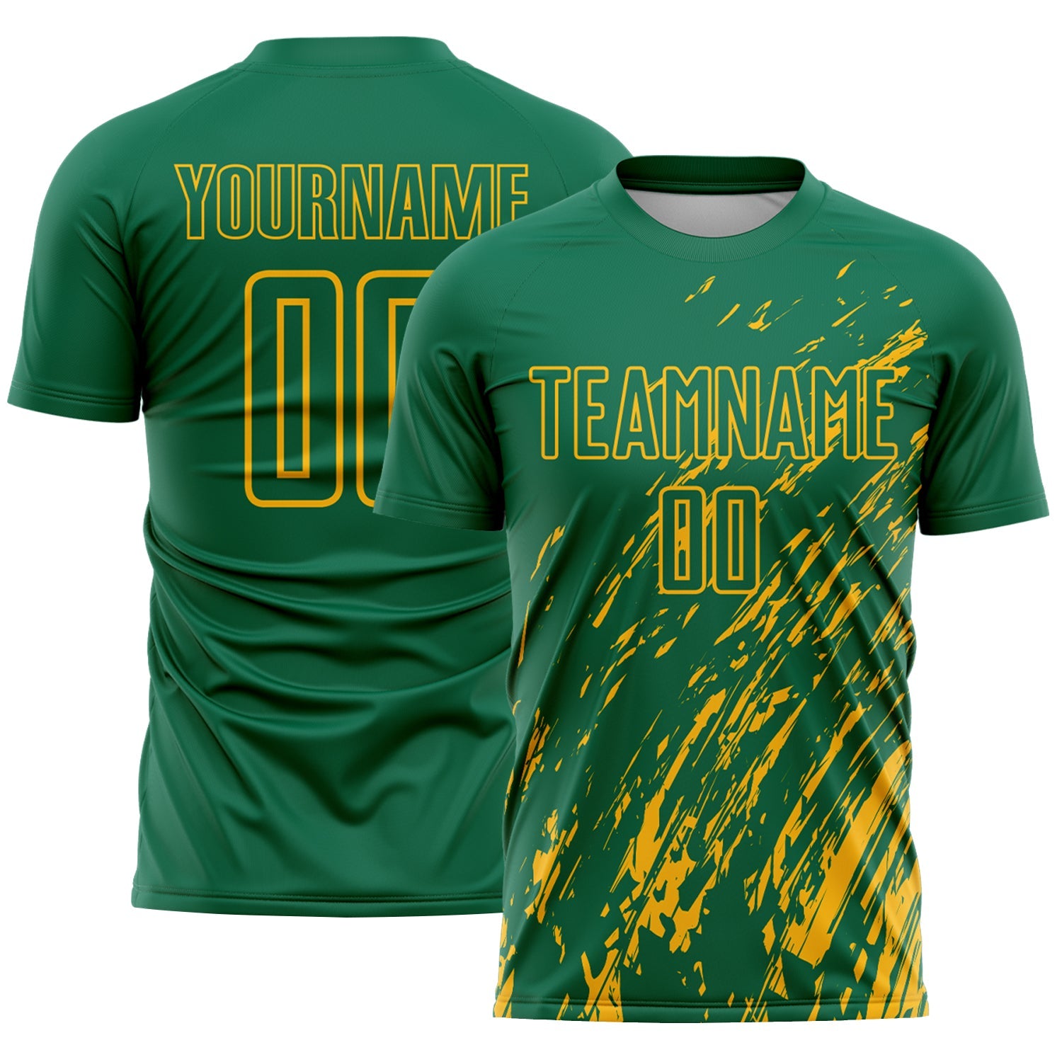 Custom Kelly Green Gold Splash Sublimation Soccer Uniform Jersey