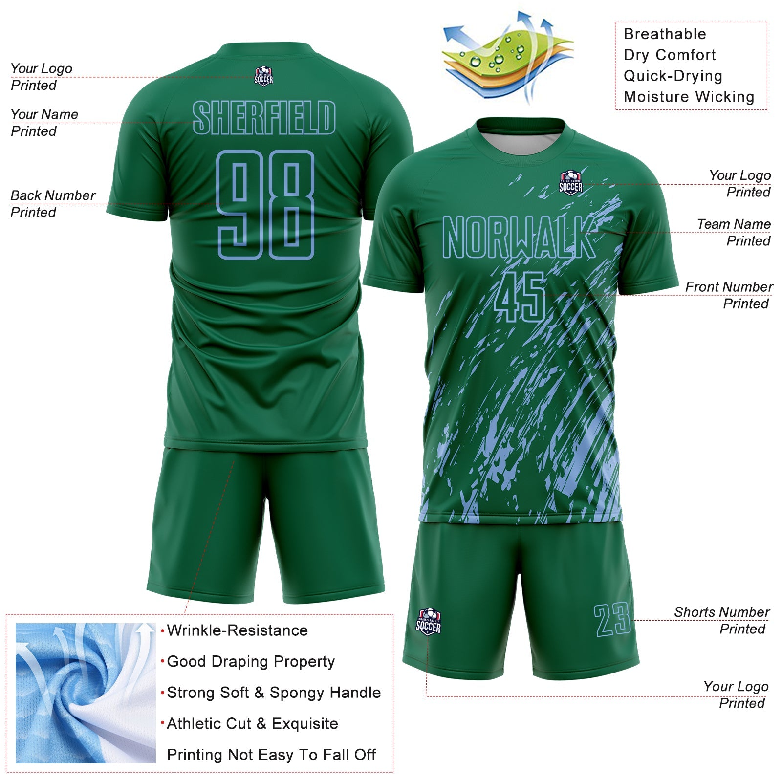 Custom Kelly Green Light Blue Splash Sublimation Soccer Uniform Jersey