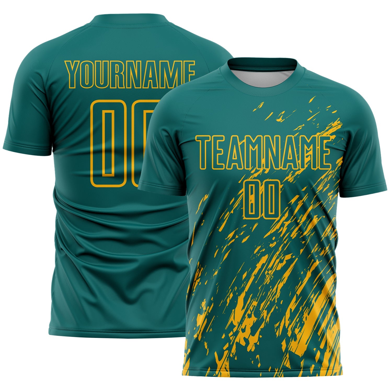 Custom Teal Gold Splash Sublimation Soccer Uniform Jersey
