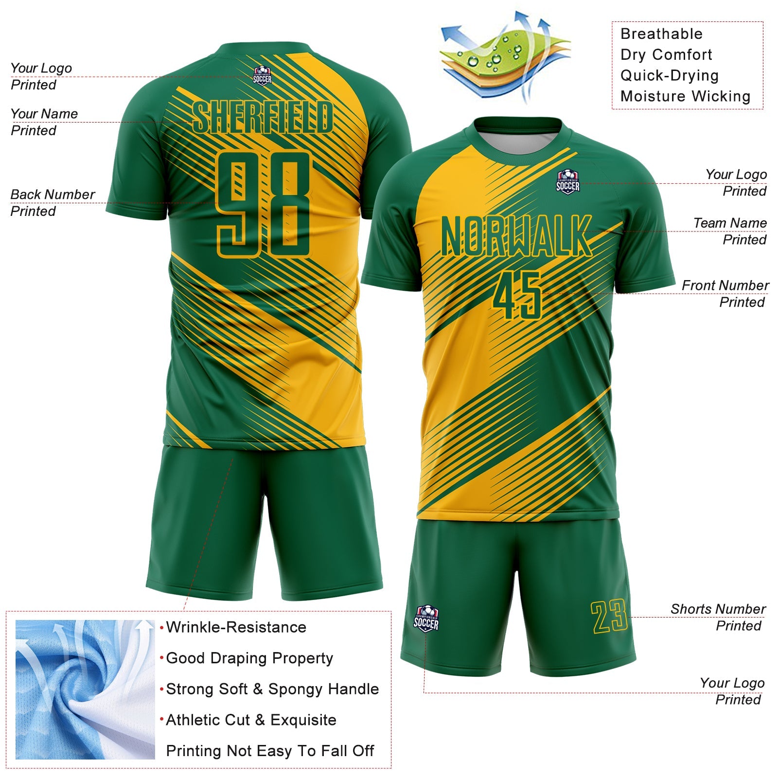 Custom Kelly Green Gold Line Sublimation Soccer Uniform Jersey