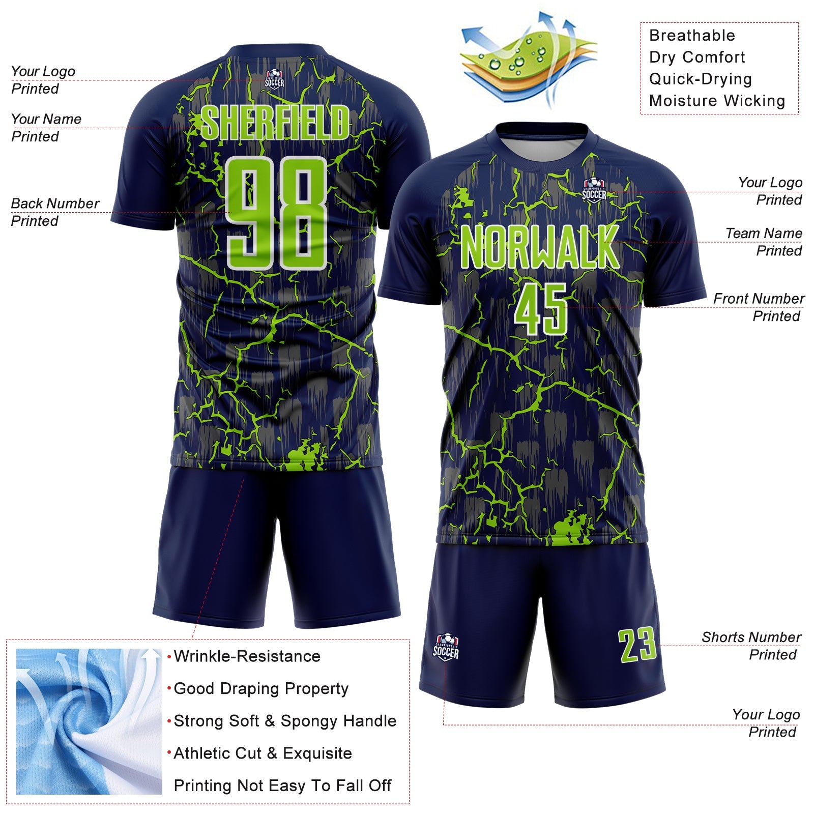 Custom Navy Neon Green-White Lightning Sublimation Soccer Uniform Jersey