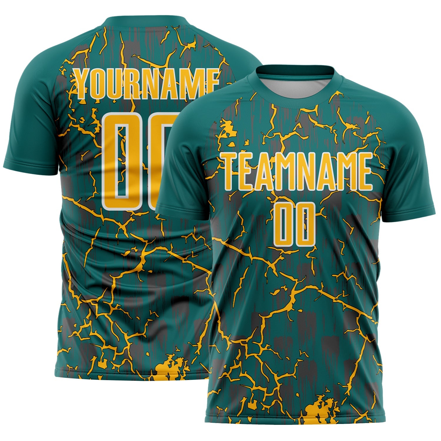 Custom Teal Gold-White Lightning Sublimation Soccer Uniform Jersey