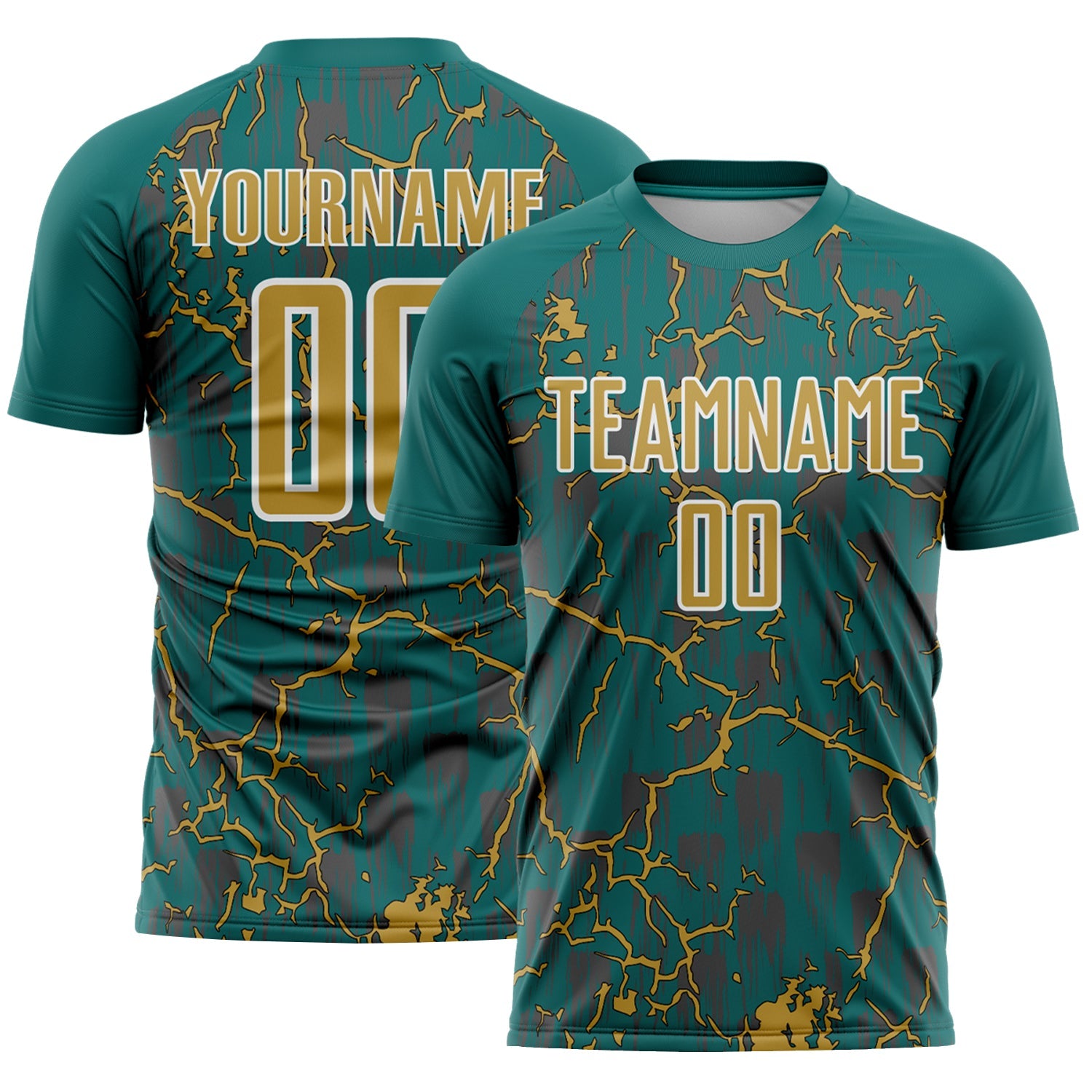 Custom Teal Old Gold-White Lightning Sublimation Soccer Uniform Jersey