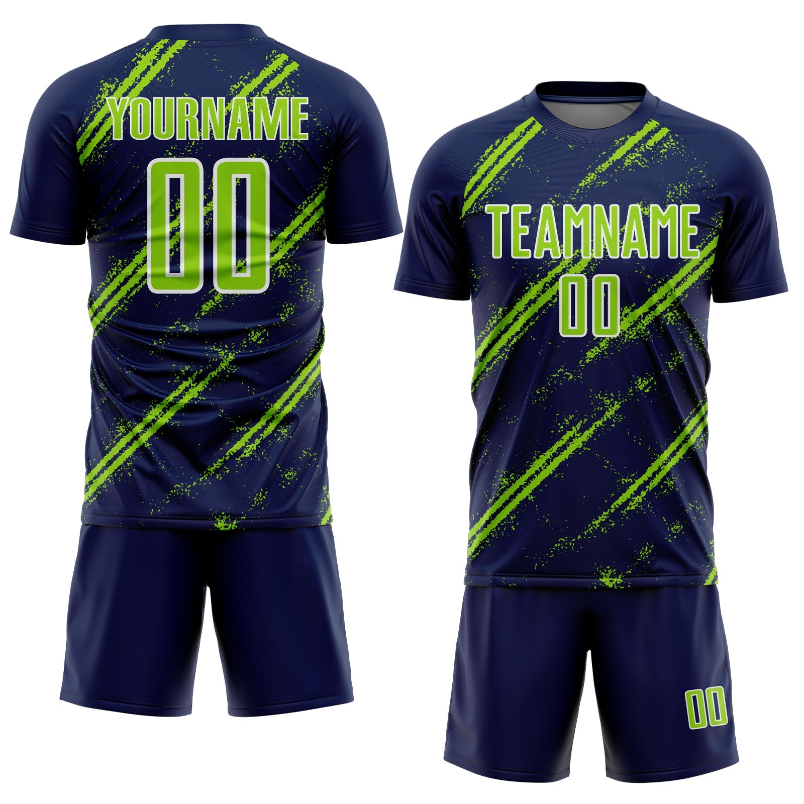 Custom Navy Neon Green-White Abstract Fragment Art Splash Sublimation Soccer Uniform Jersey