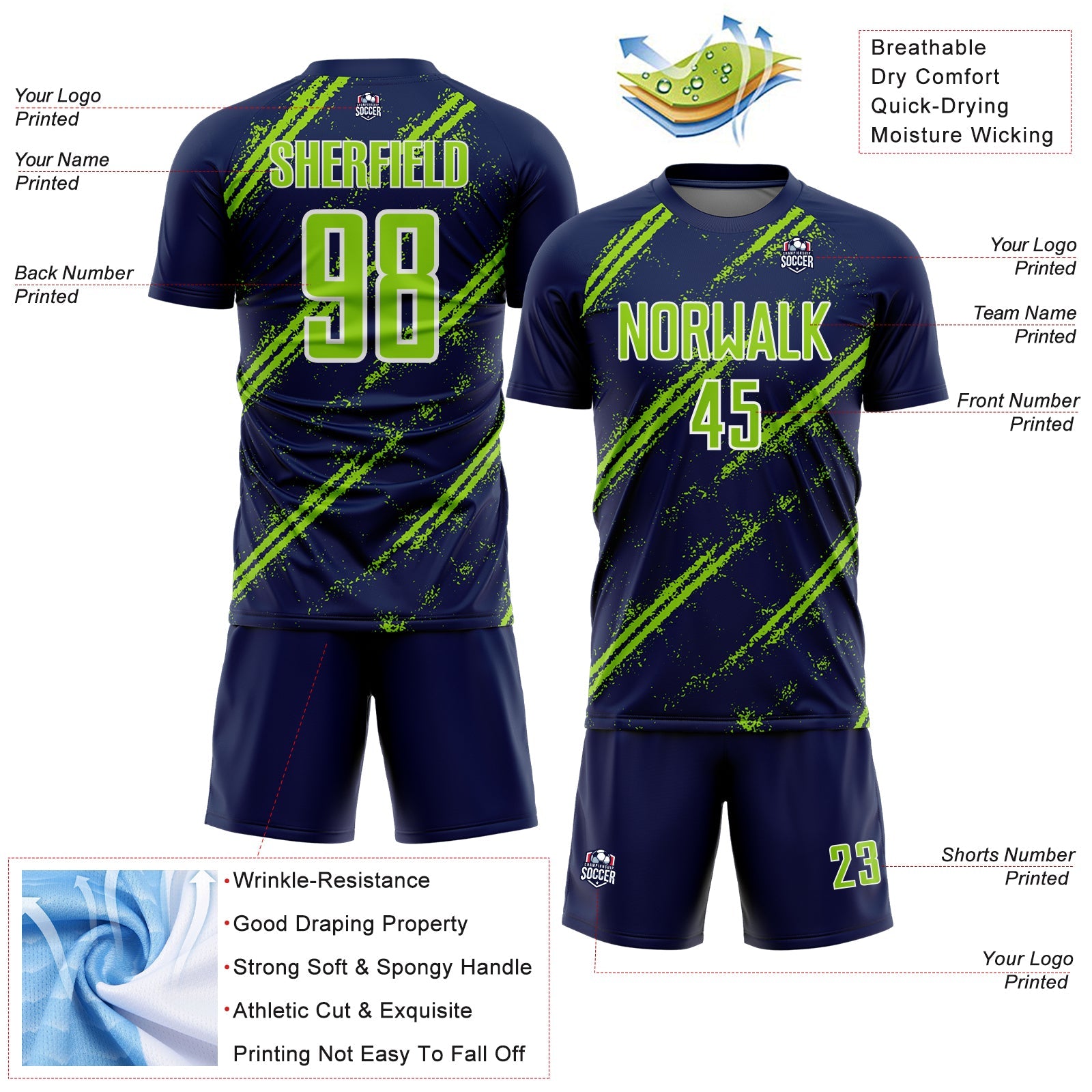 Custom Navy Neon Green-White Abstract Fragment Art Splash Sublimation Soccer Uniform Jersey