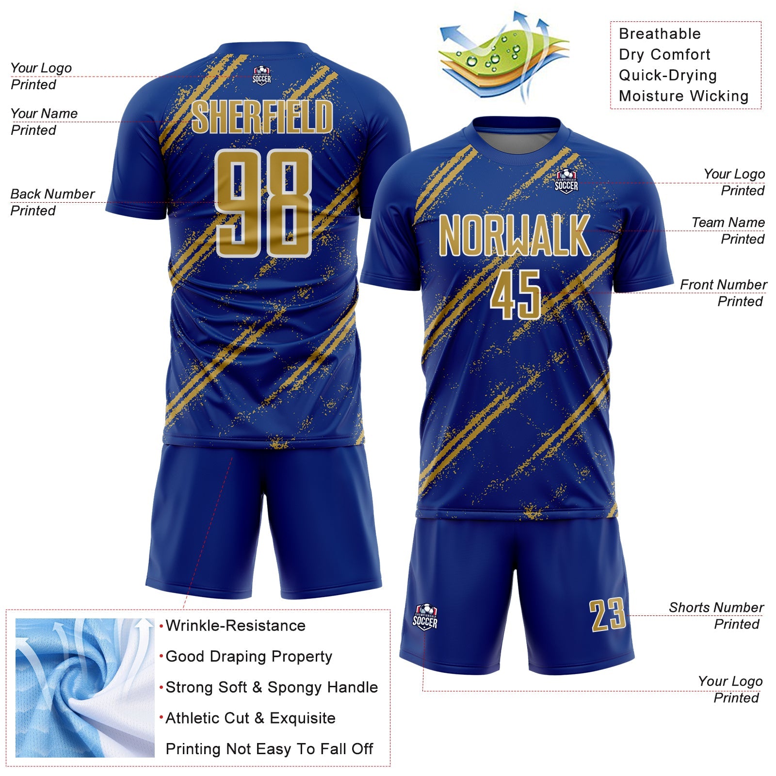 Custom Royal Old Gold-White Abstract Fragment Art Splash Sublimation Soccer Uniform Jersey