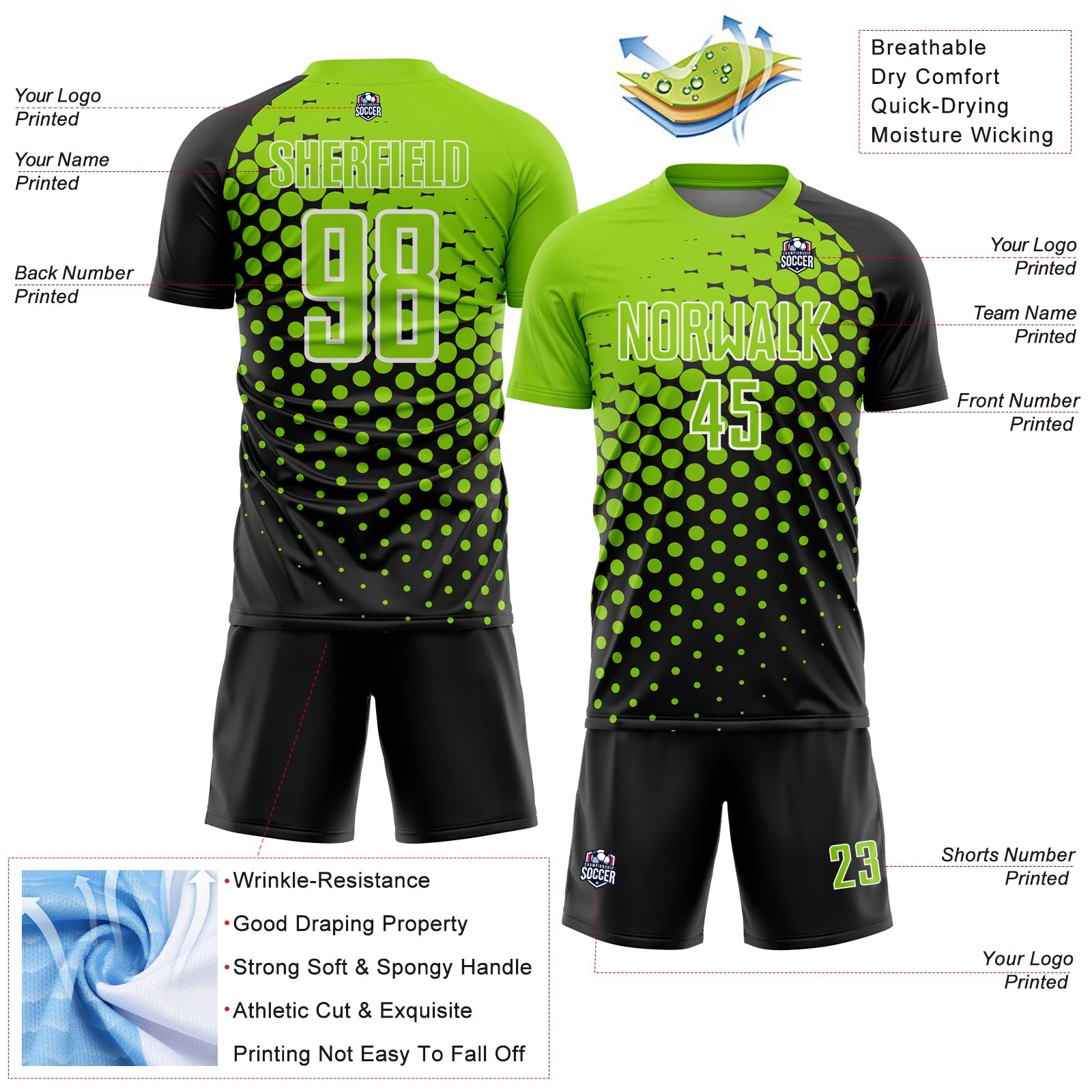 Custom Black Neon Green-White Modern Polka Dot Sublimation Soccer Uniform Jersey