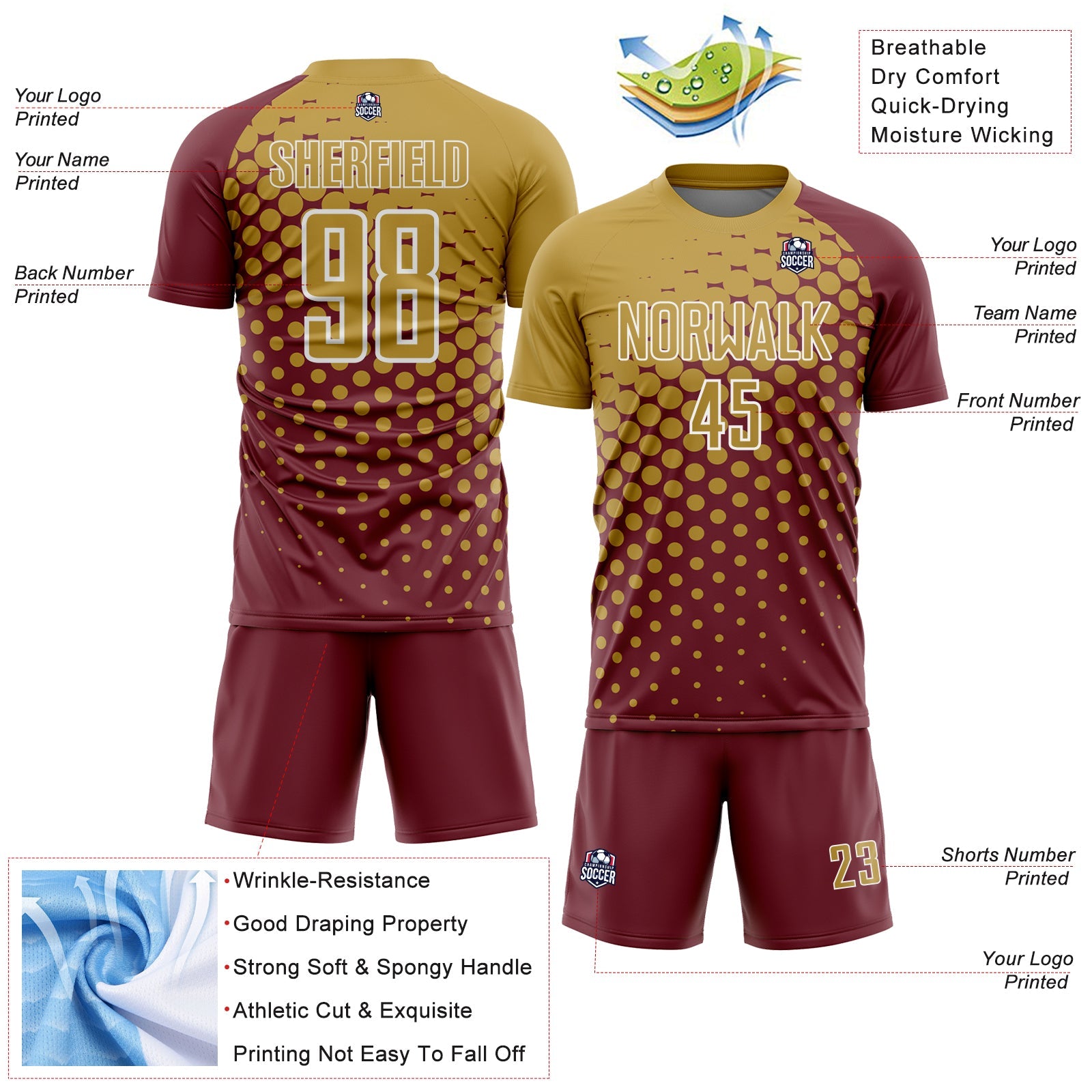 Custom Burgundy Old Gold-White Modern Polka Dot Sublimation Soccer Uniform Jersey