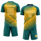 Custom Teal Gold-White Line Sublimation Soccer Uniform Jersey