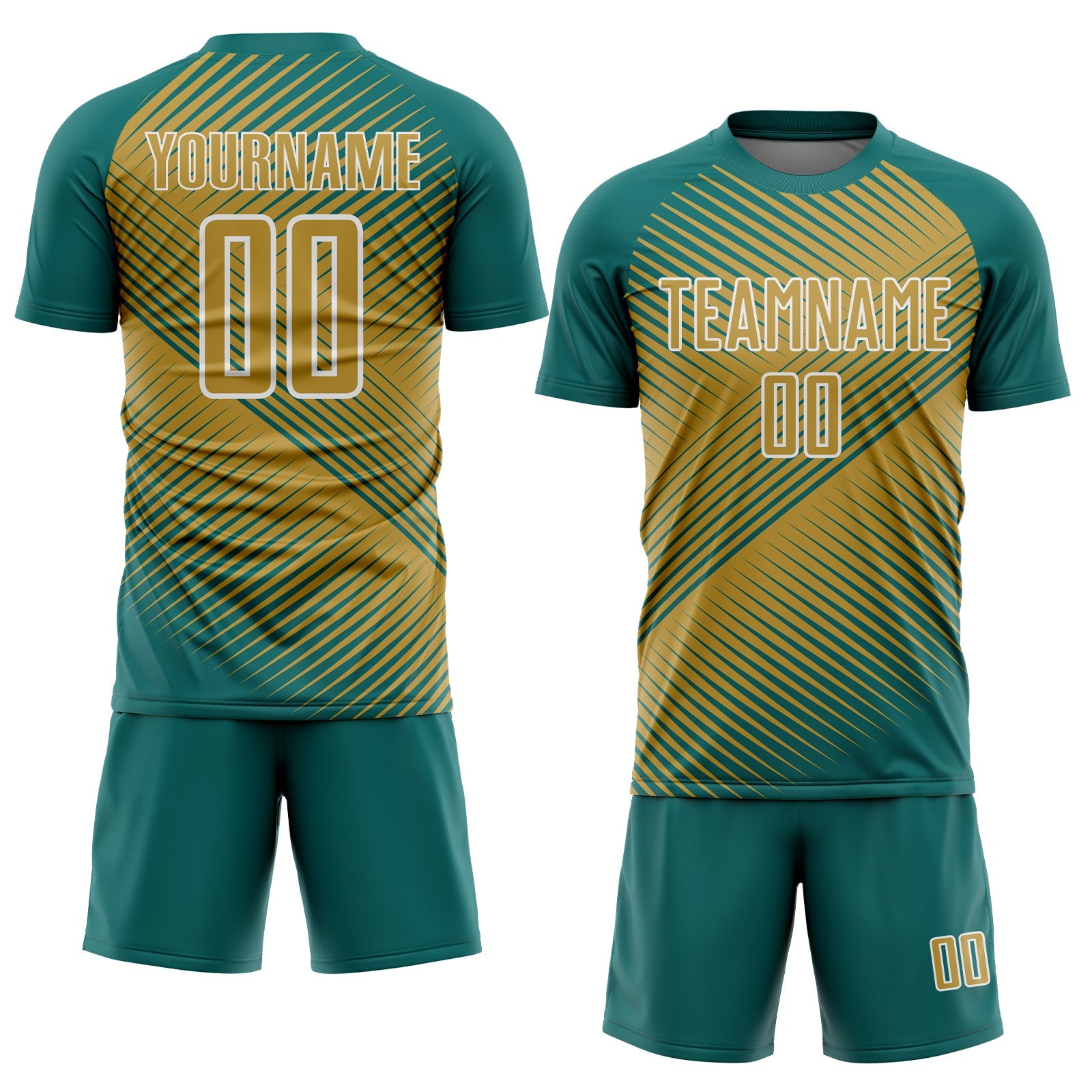Custom Teal Old Gold-White Line Sublimation Soccer Uniform Jersey