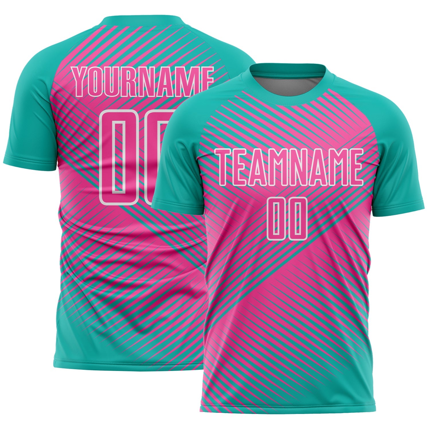 Custom Aqua Pink-White Line Sublimation Soccer Uniform Jersey