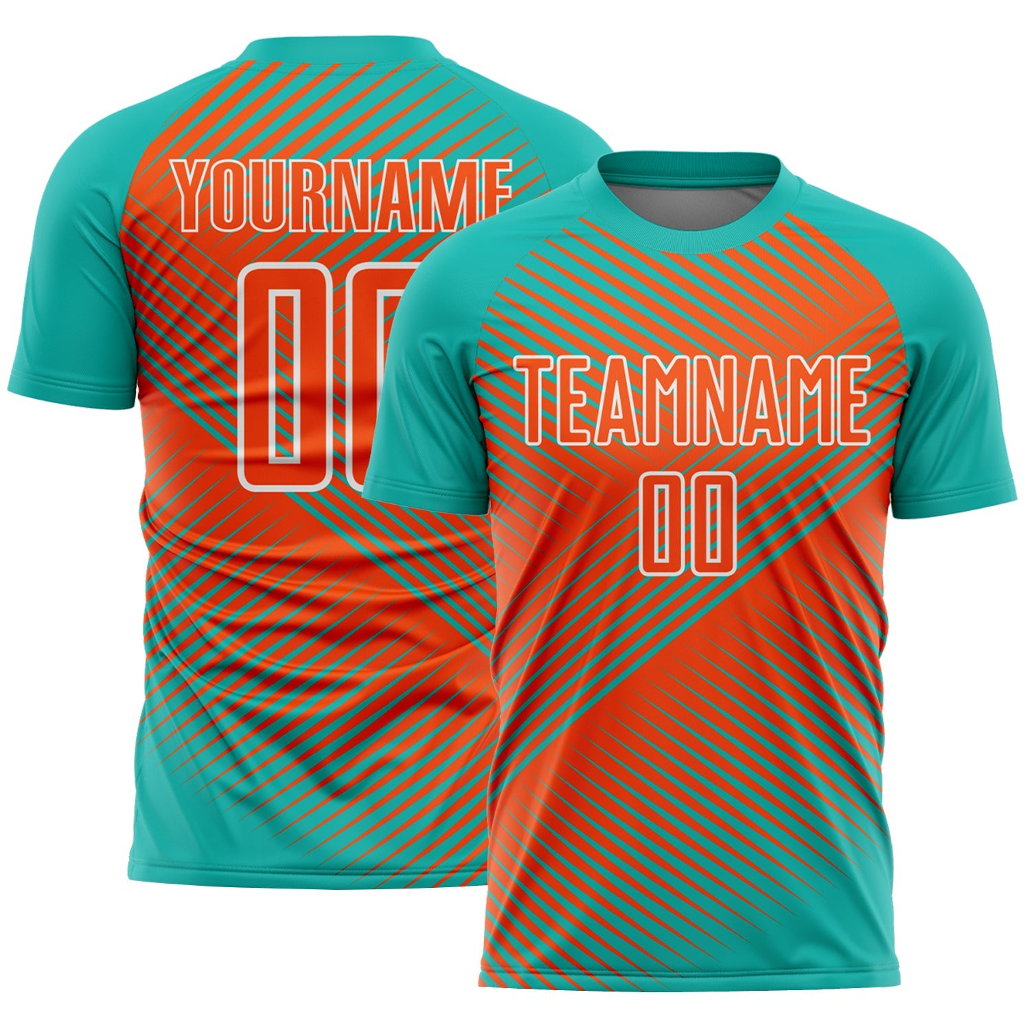 Custom Aqua Orange-White Line Sublimation Soccer Uniform Jersey