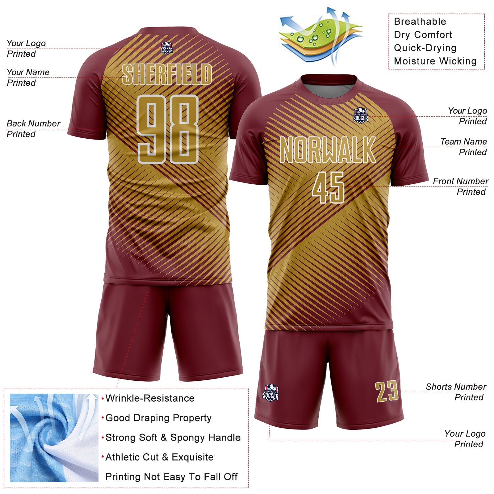 Custom Burgundy Old Gold-White Line Sublimation Soccer Uniform Jersey