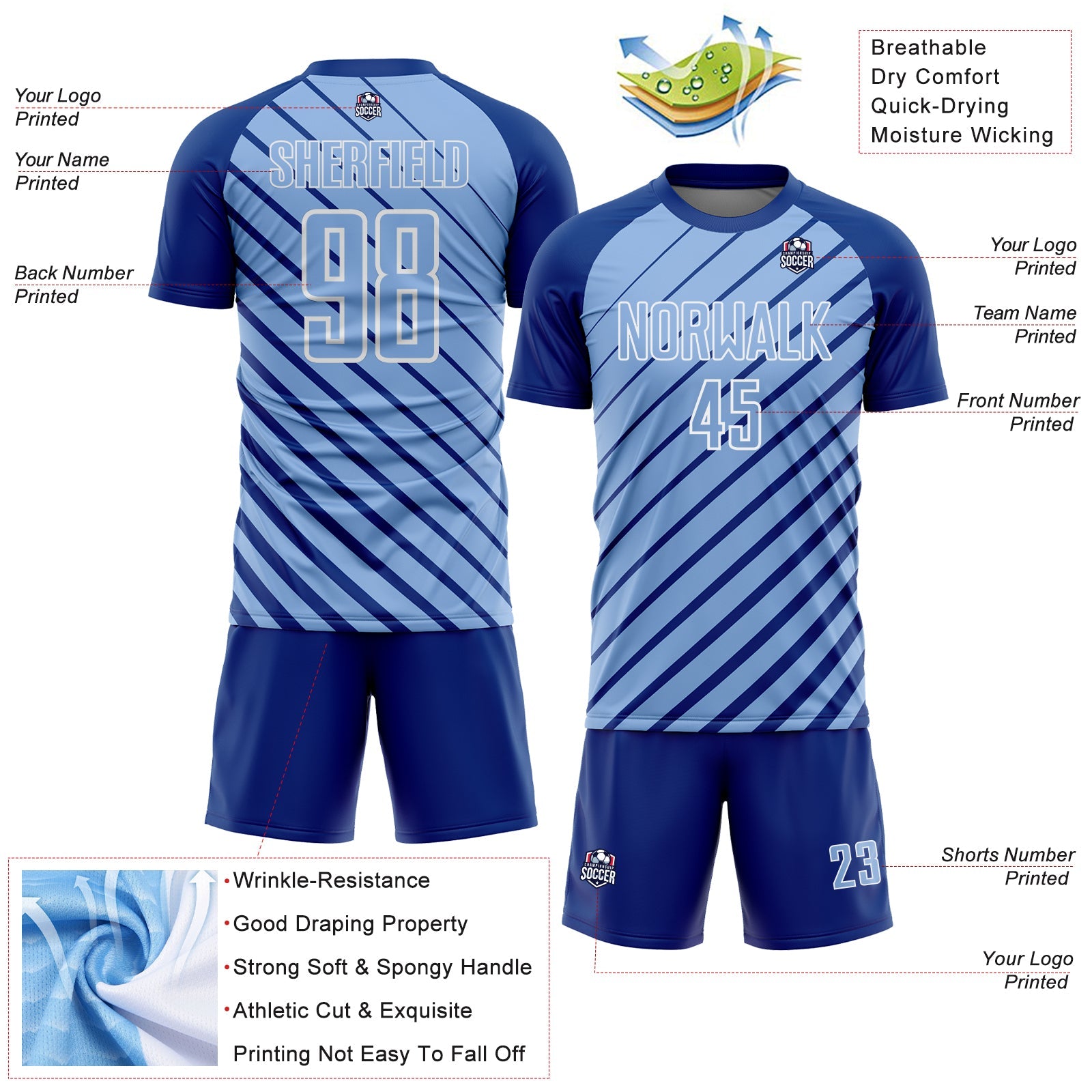 Custom Royal Light Blue-White Lines Sublimation Soccer Uniform Jersey