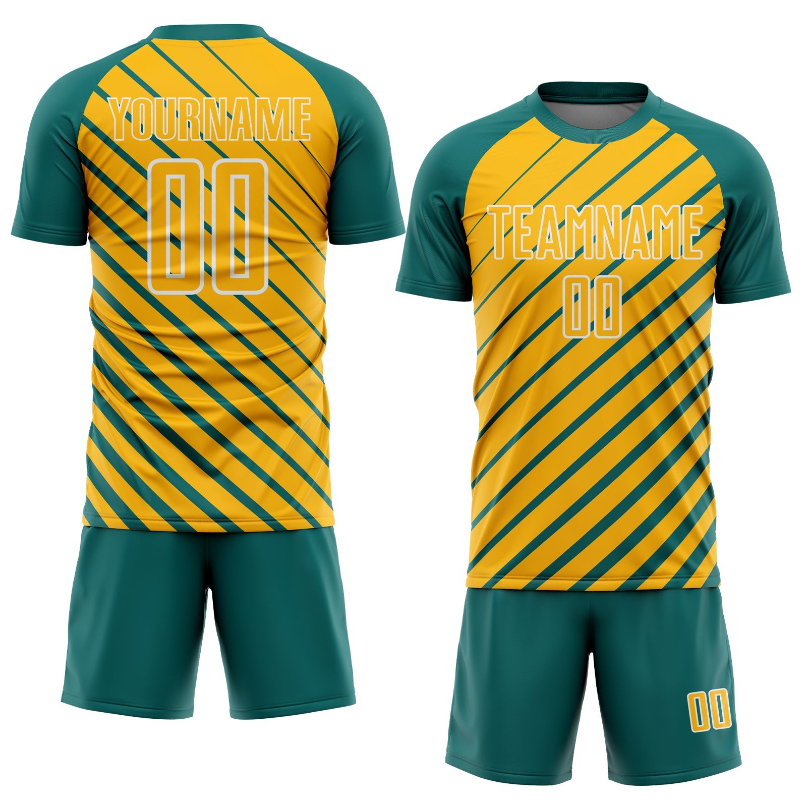 Custom Teal Gold-White Lines Sublimation Soccer Uniform Jersey