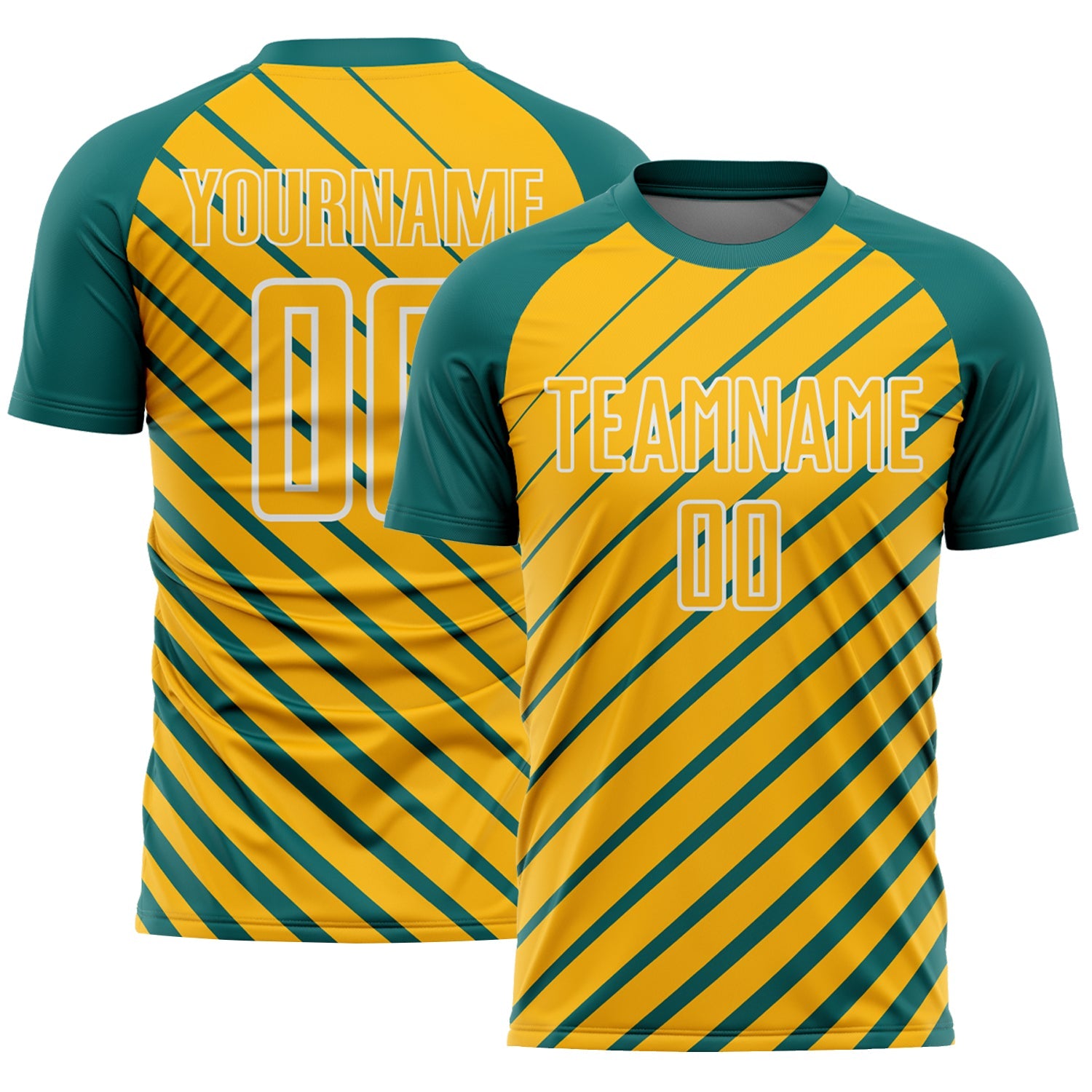 Custom Teal Gold-White Lines Sublimation Soccer Uniform Jersey