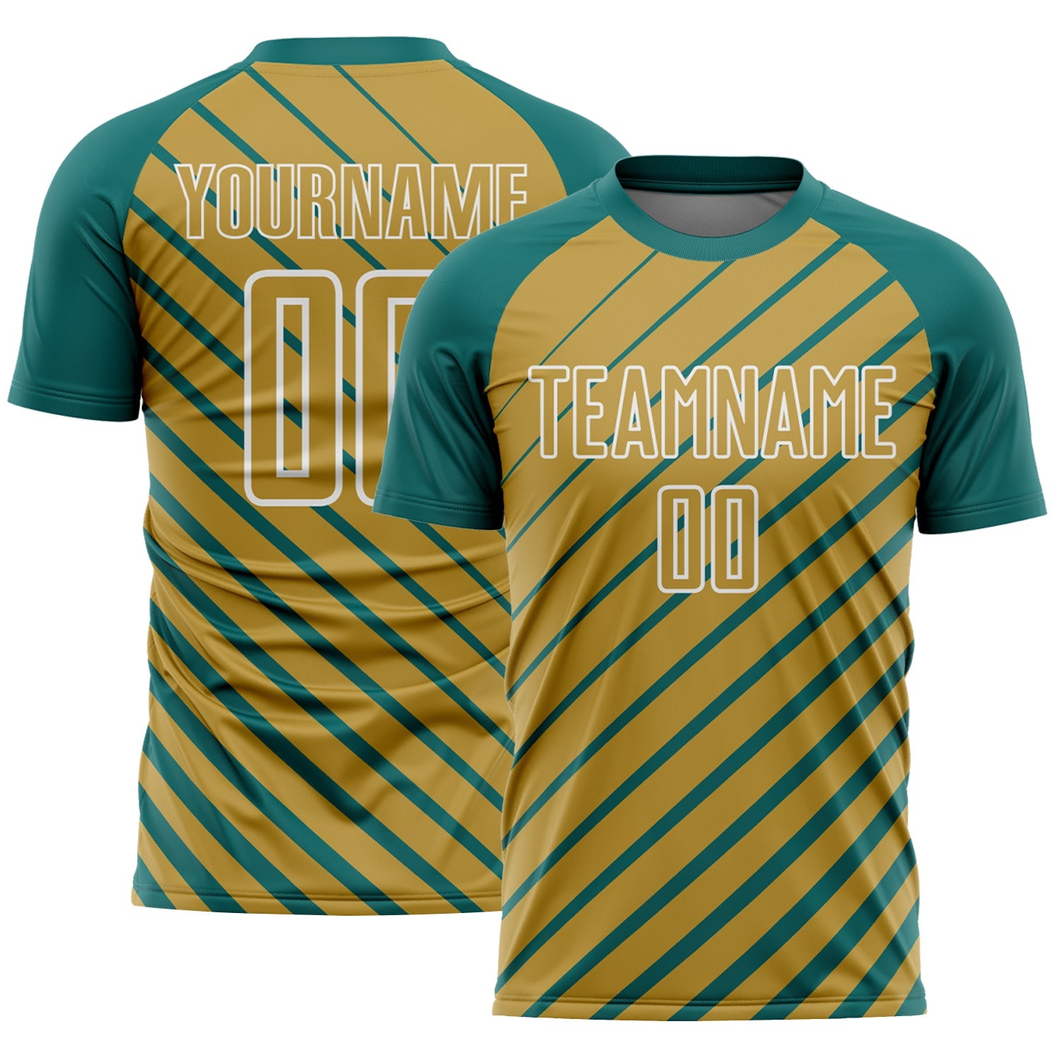 Custom Teal Old Gold-White Lines Sublimation Soccer Uniform Jersey