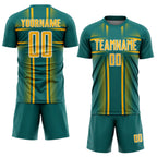 Custom Teal Gold-White Lines Sublimation Soccer Uniform Jersey