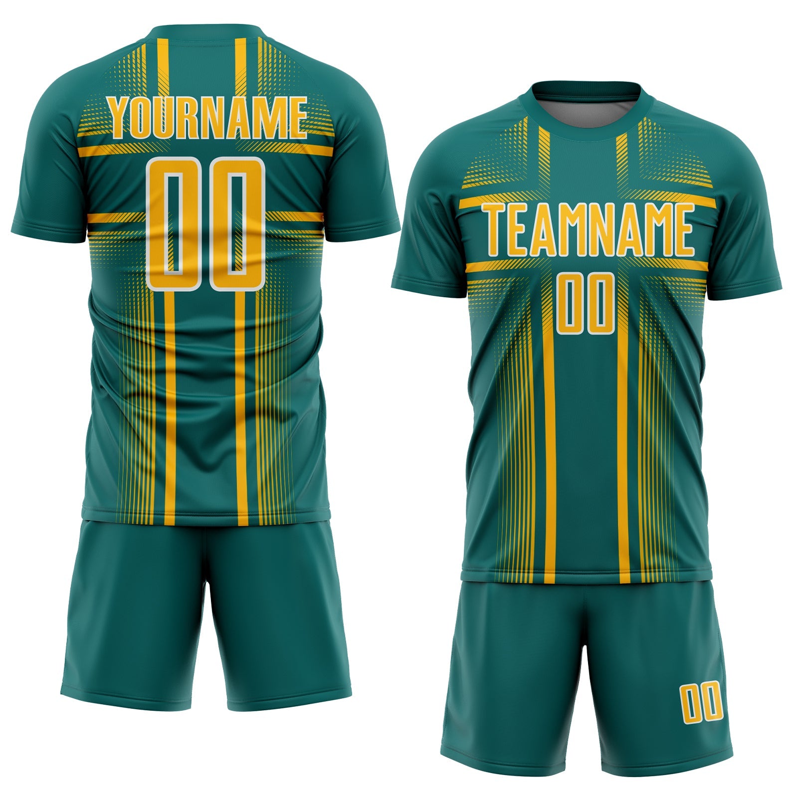 Custom Teal Gold-White Lines Sublimation Soccer Uniform Jersey