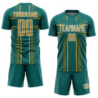 Custom Teal Old Gold-White Lines Sublimation Soccer Uniform Jersey