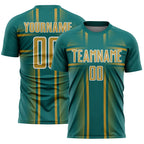 Custom Teal Old Gold-White Lines Sublimation Soccer Uniform Jersey
