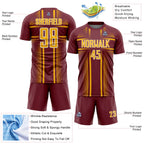 Custom Burgundy Gold-White Lines Sublimation Soccer Uniform Jersey