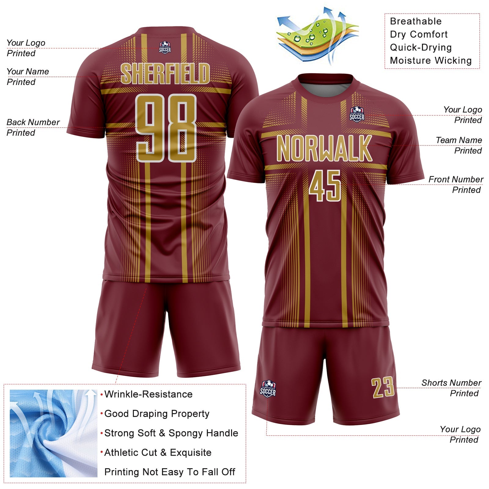 Custom Burgundy Old Gold-White Lines Sublimation Soccer Uniform Jersey