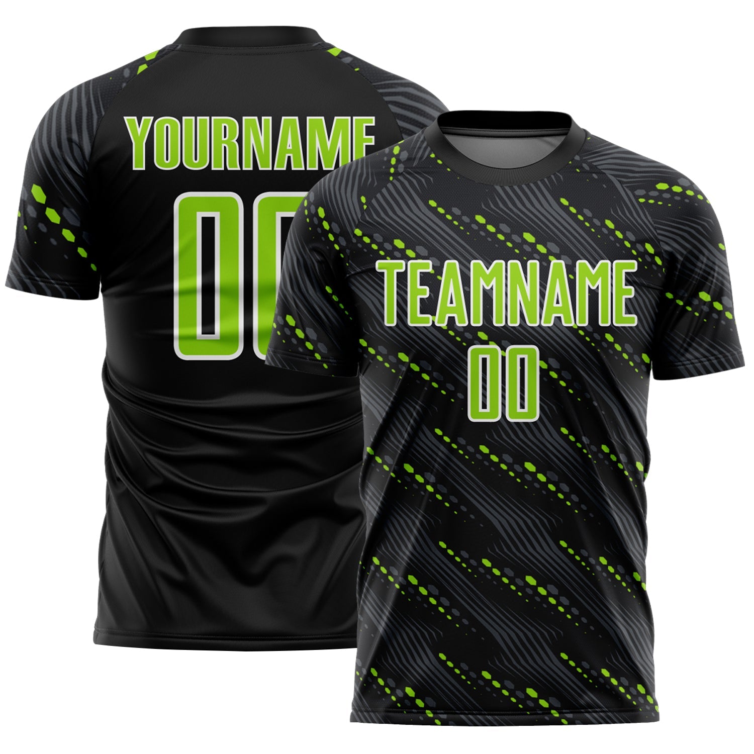 Custom Black Neon Green-White Slant Lines Sports Sublimation Soccer Uniform Jersey