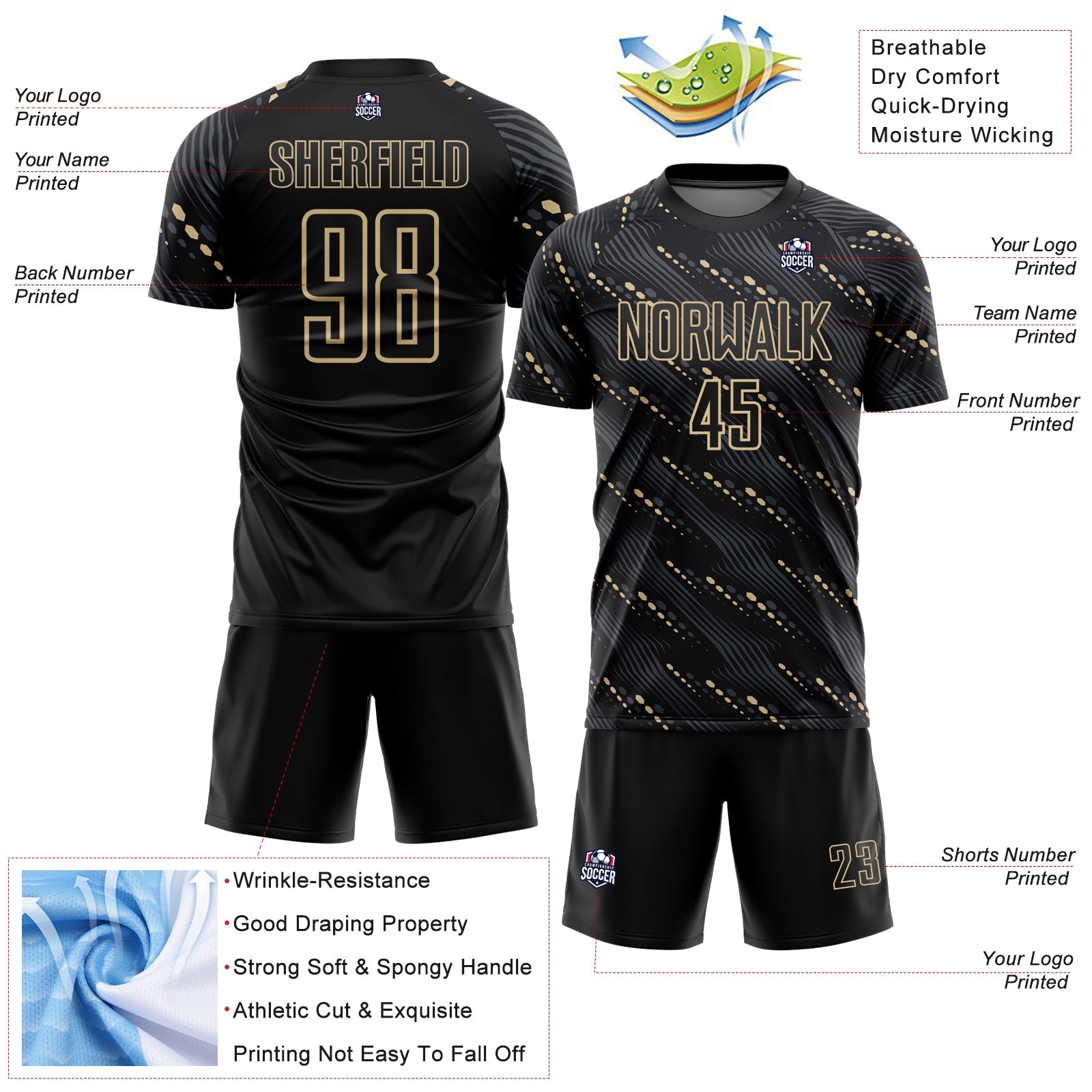 Custom Black Vegas Gold Slant Lines Sports Sublimation Soccer Uniform Jersey