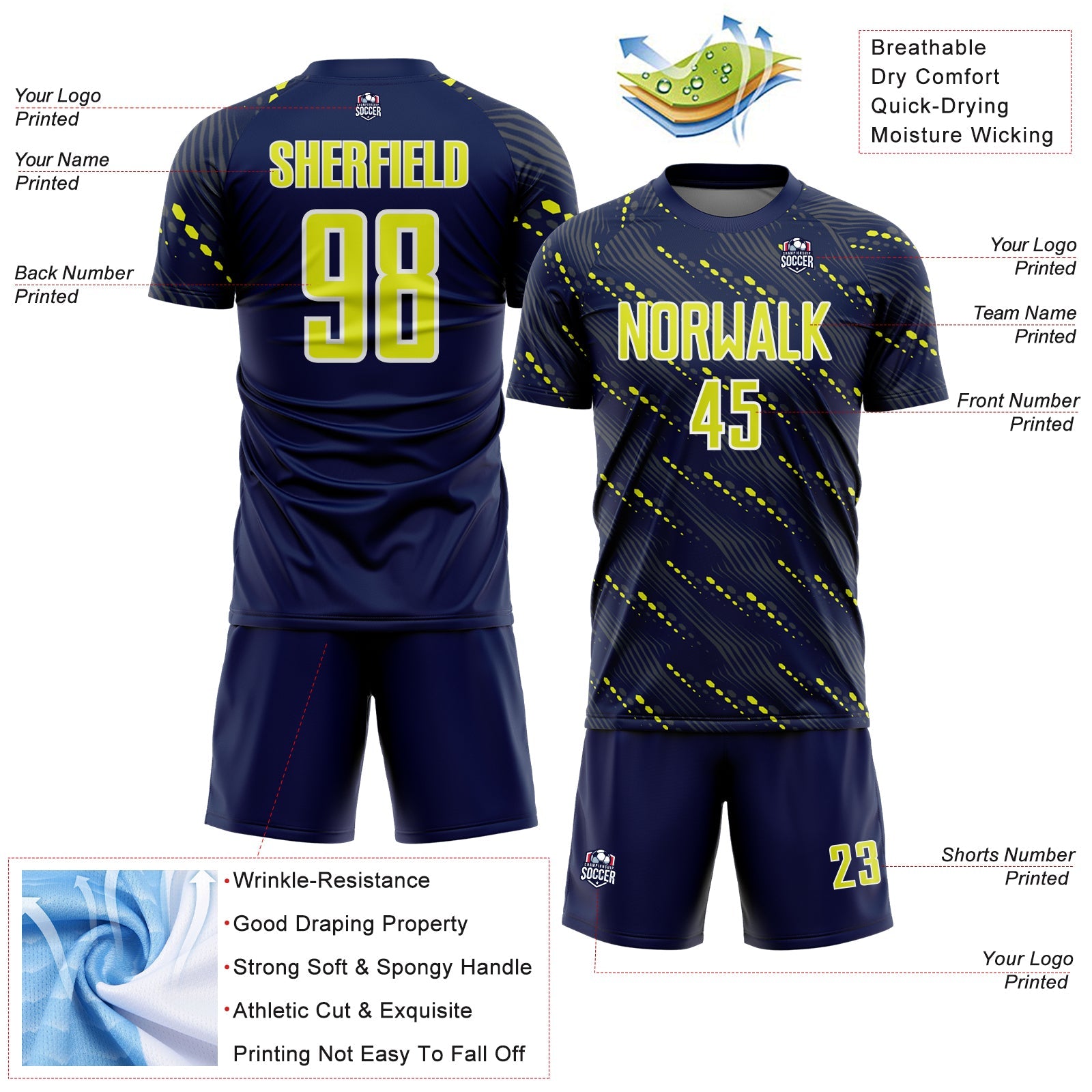 Custom Navy Neon Yellow-White Slant Lines Sports Sublimation Soccer Uniform Jersey