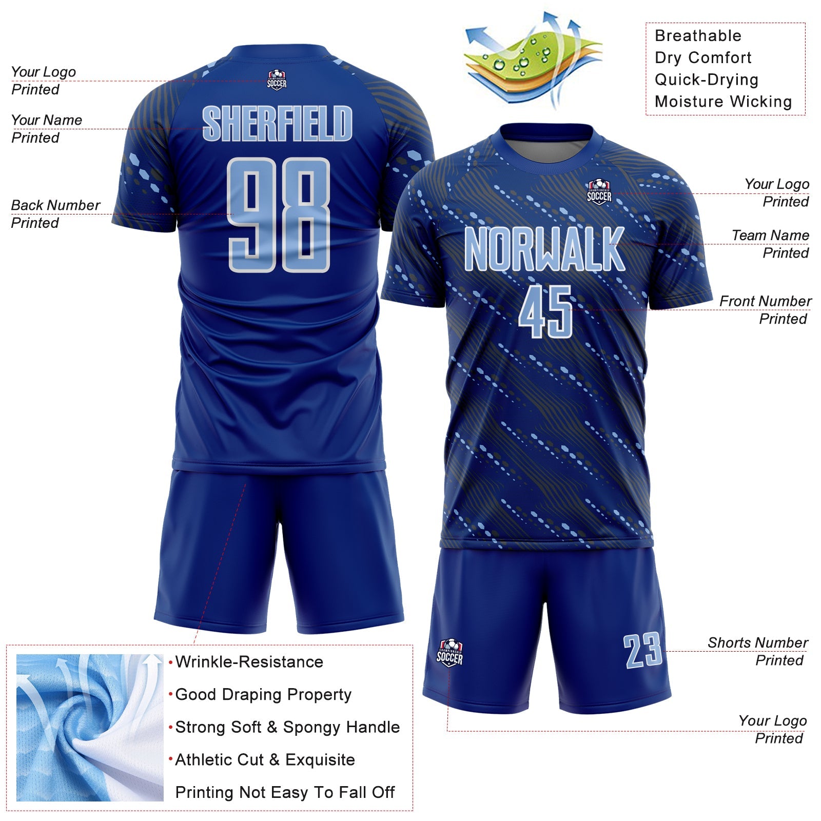 Custom Royal Light Blue-White Slant Lines Sports Sublimation Soccer Uniform Jersey