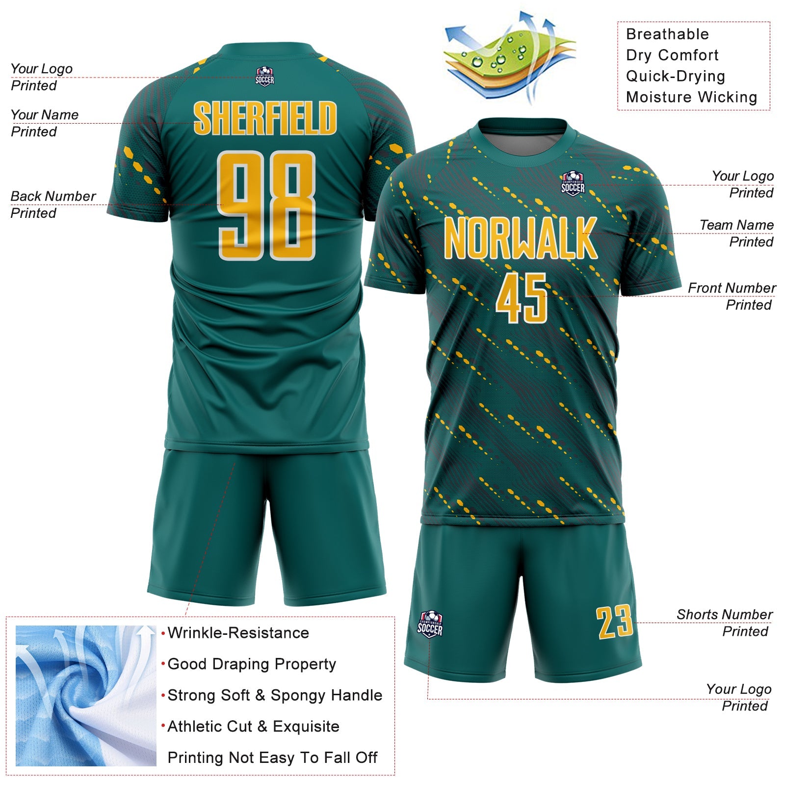 Custom Teal Gold-White Slant Lines Sports Sublimation Soccer Uniform Jersey