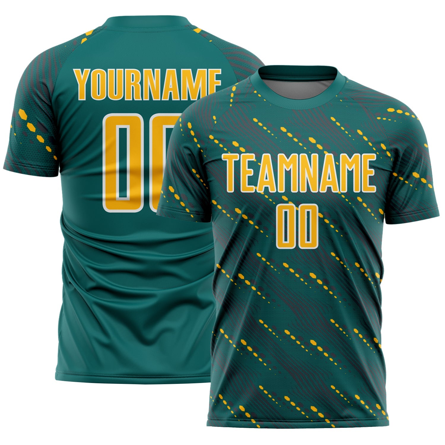 Custom Teal Gold-White Slant Lines Sports Sublimation Soccer Uniform Jersey