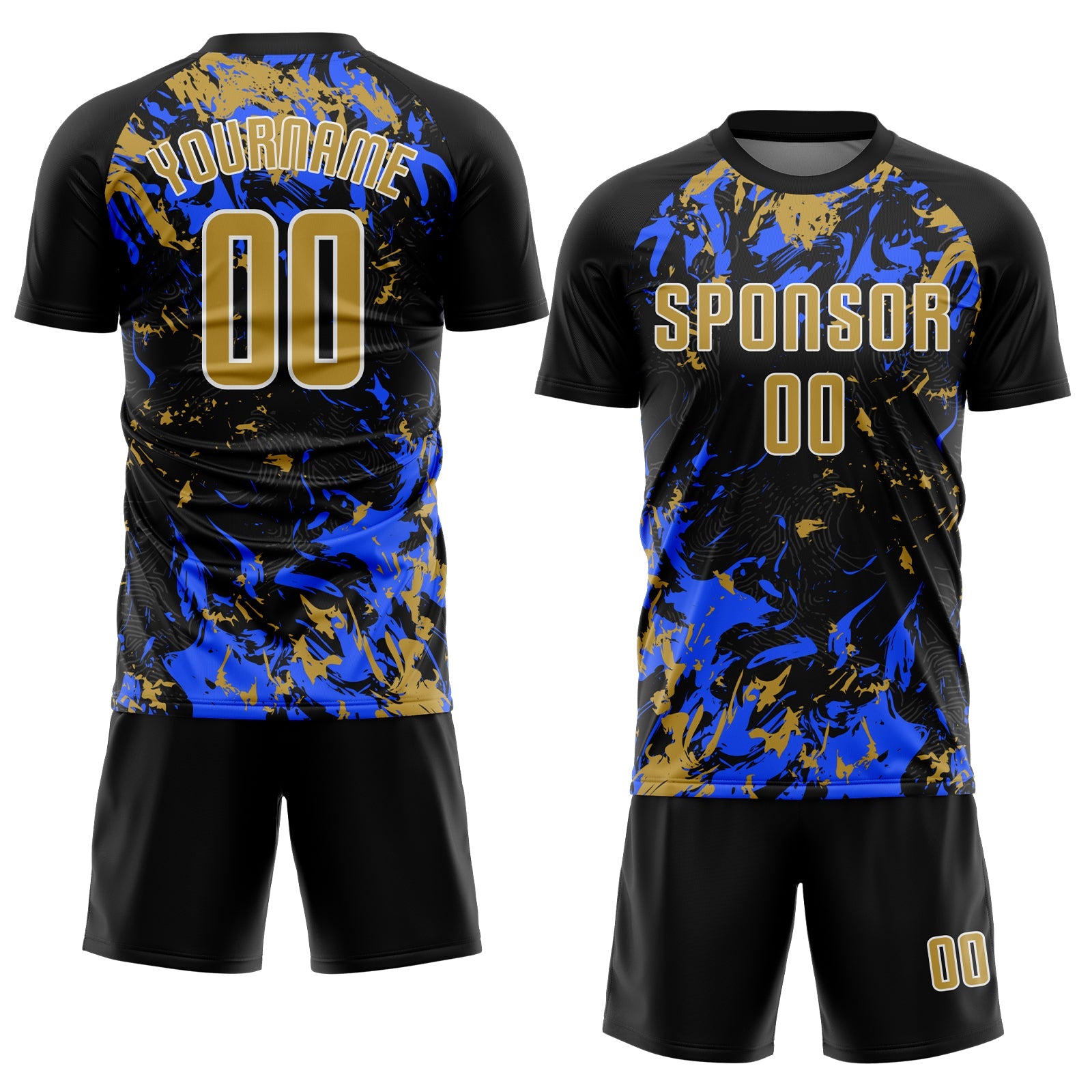 Custom Black Old Gold Royal-White Fluid Art Splash Sublimation Soccer Uniform Jersey