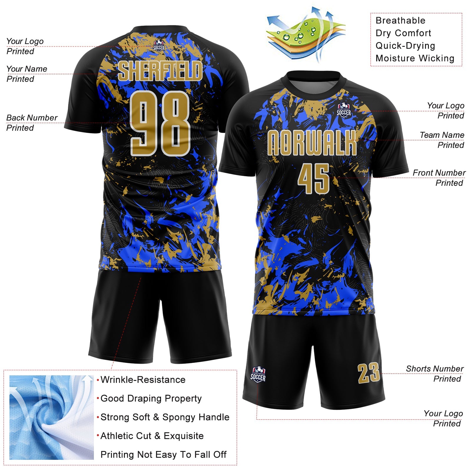 Custom Black Old Gold Royal-White Fluid Art Splash Sublimation Soccer Uniform Jersey