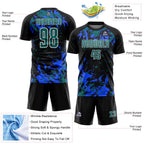 Custom Black Teal Royal-White Fluid Art Splash Sublimation Soccer Uniform Jersey