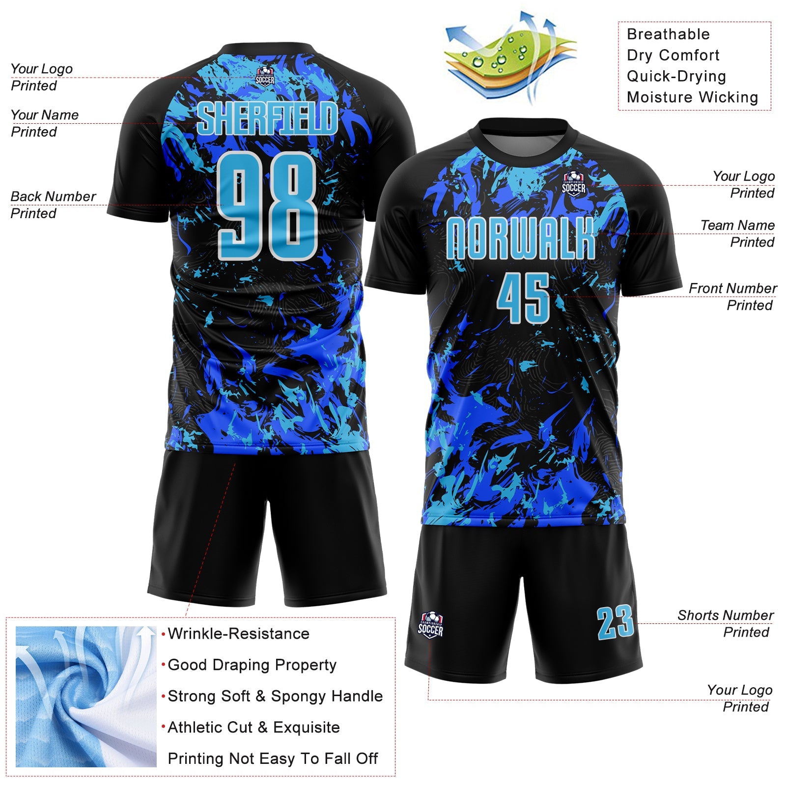 Custom Black Sky Blue Royal-White Fluid Art Splash Sublimation Soccer Uniform Jersey