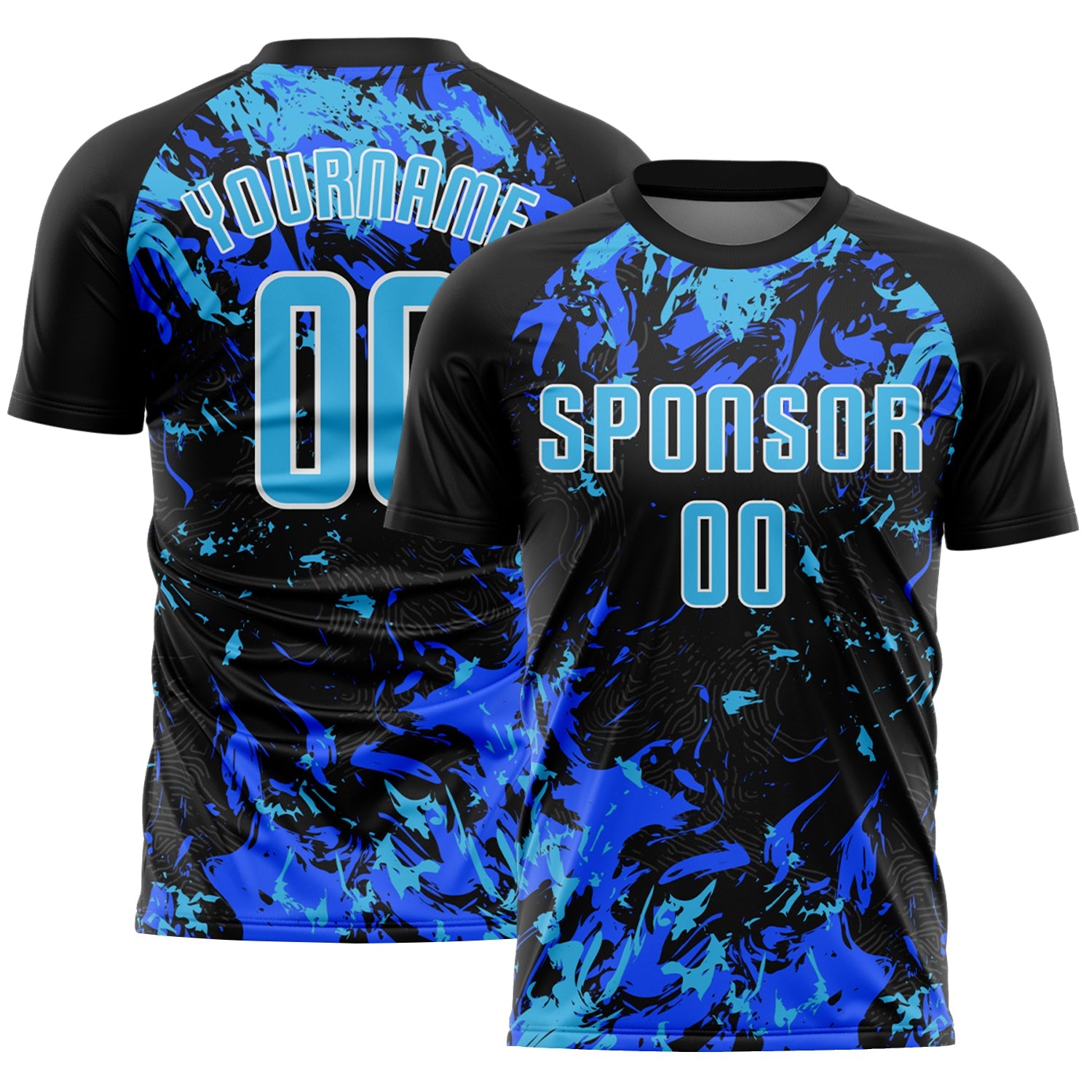 Custom Black Sky Blue Royal-White Fluid Art Splash Sublimation Soccer Uniform Jersey