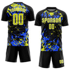 Custom Black Neon Yellow Royal-White Fluid Art Splash Sublimation Soccer Uniform Jersey