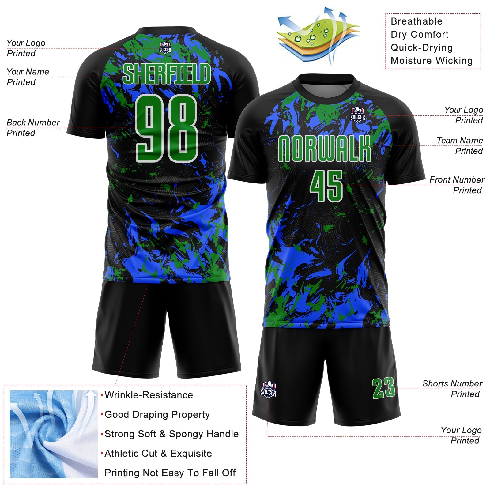 Custom Black Grass Green Royal-White Fluid Art Splash Sublimation Soccer Uniform Jersey