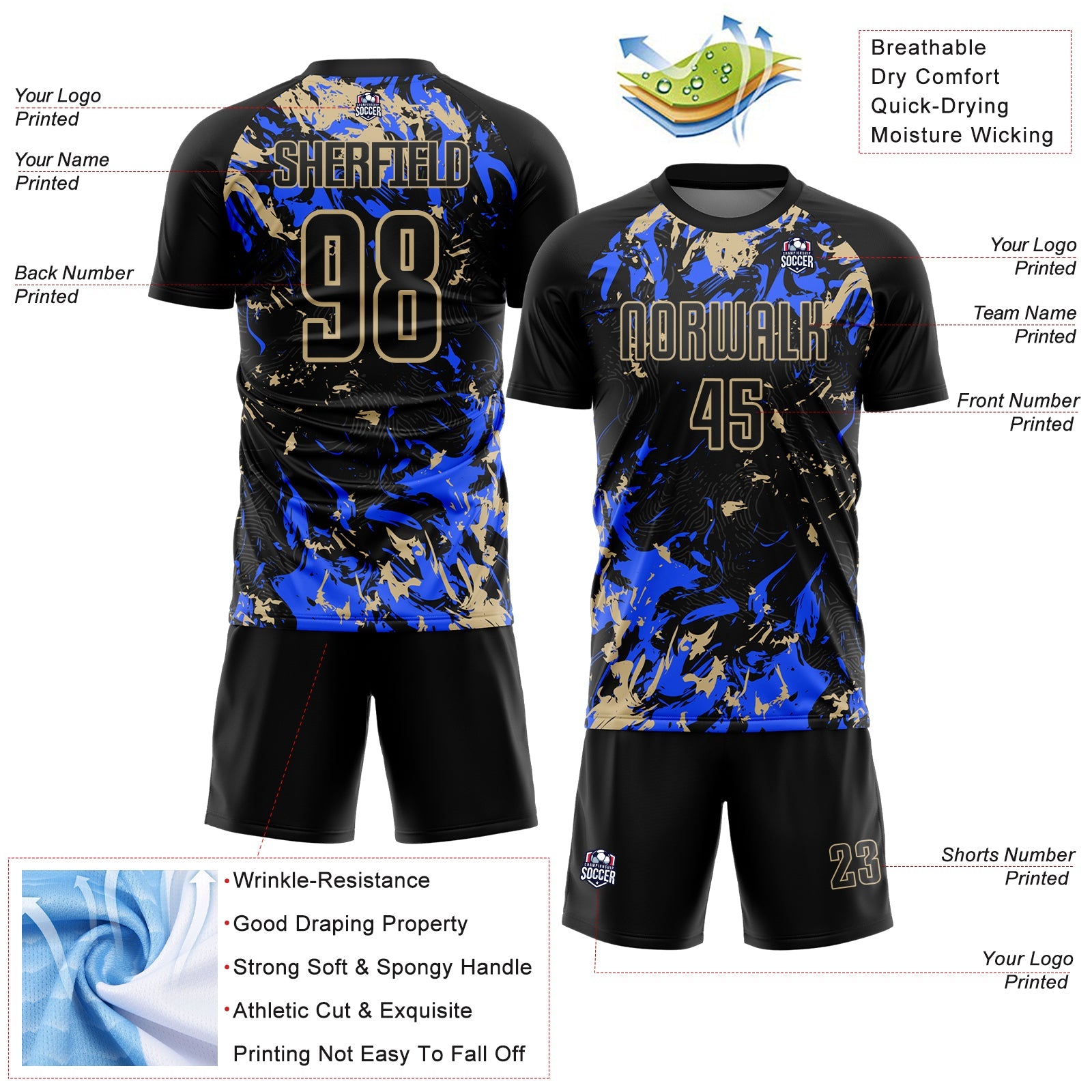 Custom Black Vegas Gold-Royal Fluid Art Splash Sublimation Soccer Uniform Jersey